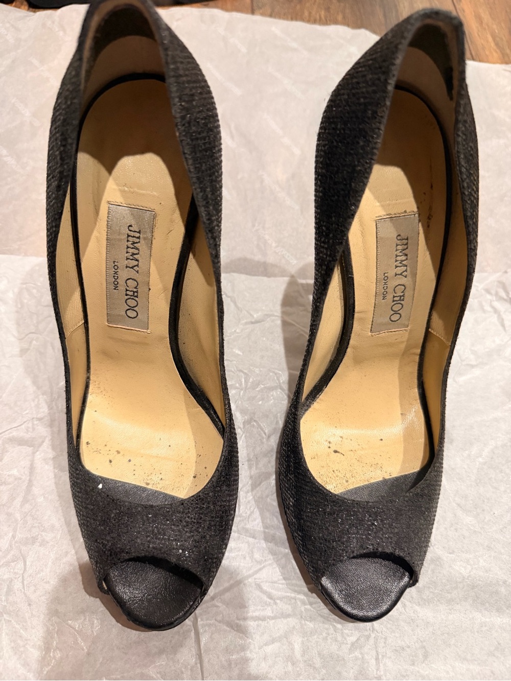 Jimmy Choo Black Textured Peep-Toe Heels